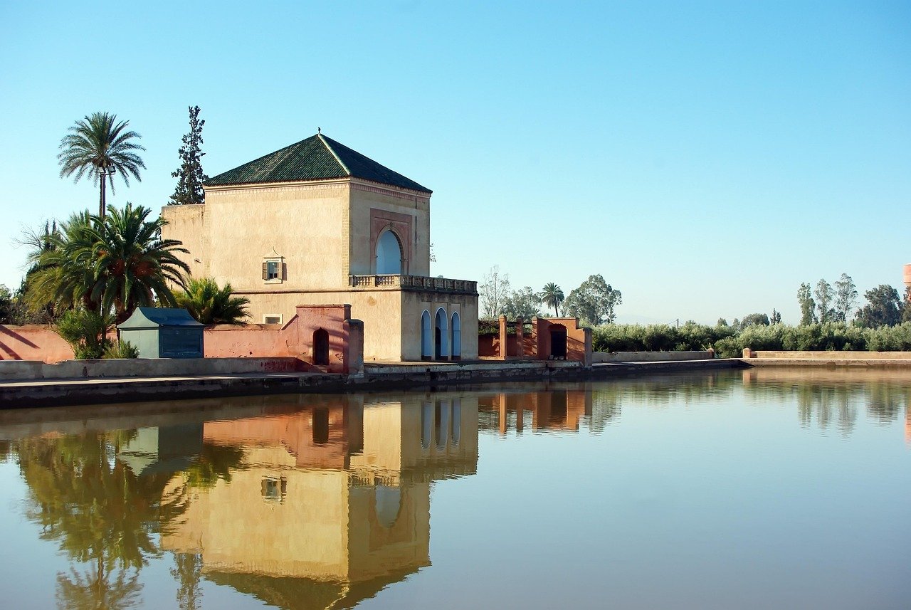 morocco, marrakech, menara palace, nature, water, reflections, travel
