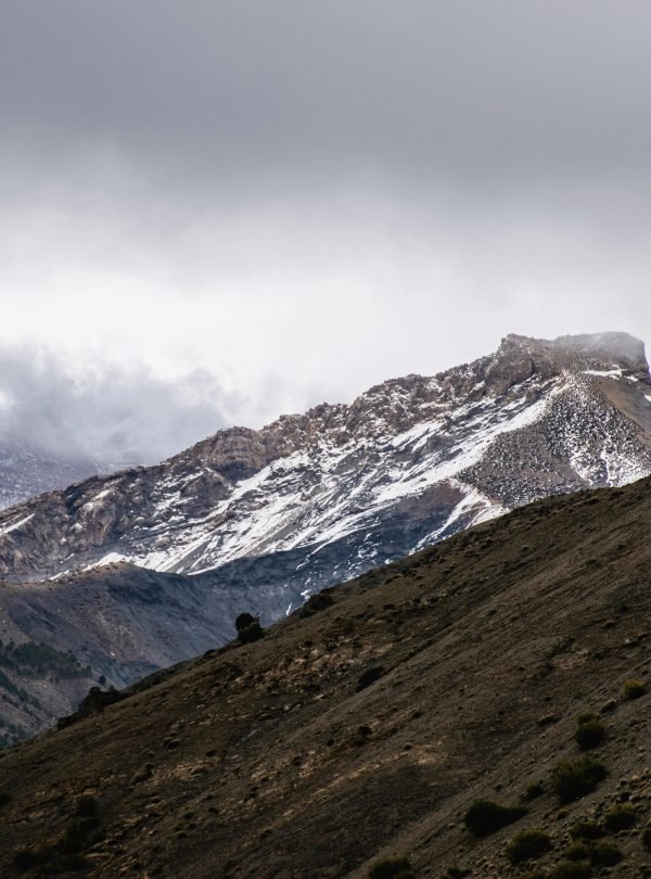 Captivating view of a snow-capped mountain under a cloudy sky, exuding serenity.