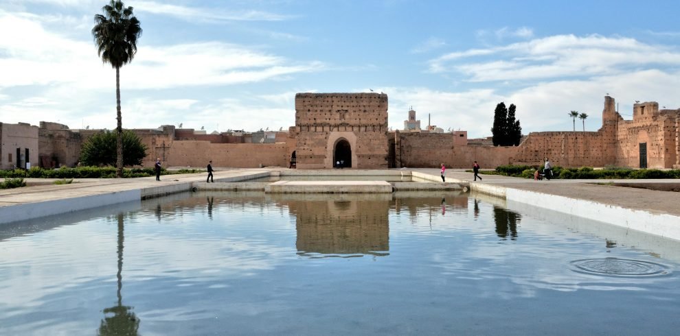 Beautiful view of El Badi Palace with reflections in a pool, Marrakech, Morocco.