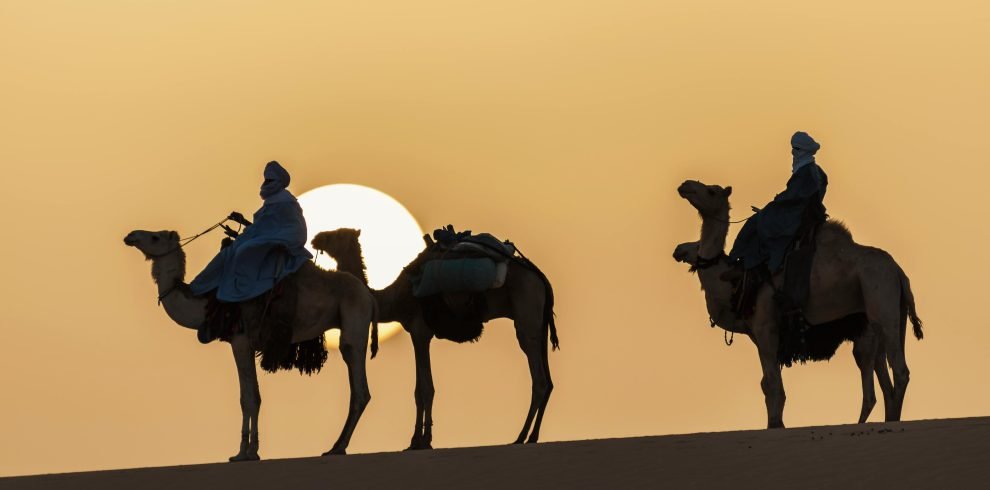 Silhouettes of camel riders in the Sahara Desert during a sunset in Tamanrasset, Algeria.