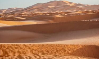 Captivating view of the vast sand dunes in the Merzouga Desert, Morocco, under a clear blue sky.